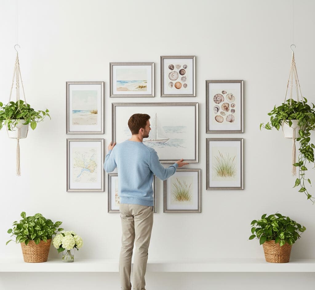 Coastal nautical gallery wall with sailing vessel centerpiece, seashell collections, vintage maps, and beach grass illustrations in coordinated Brushed Silver Frame - illustrating wide silver picture frames for maritime themes, coastal décor, and beach house gallery wall arrangements