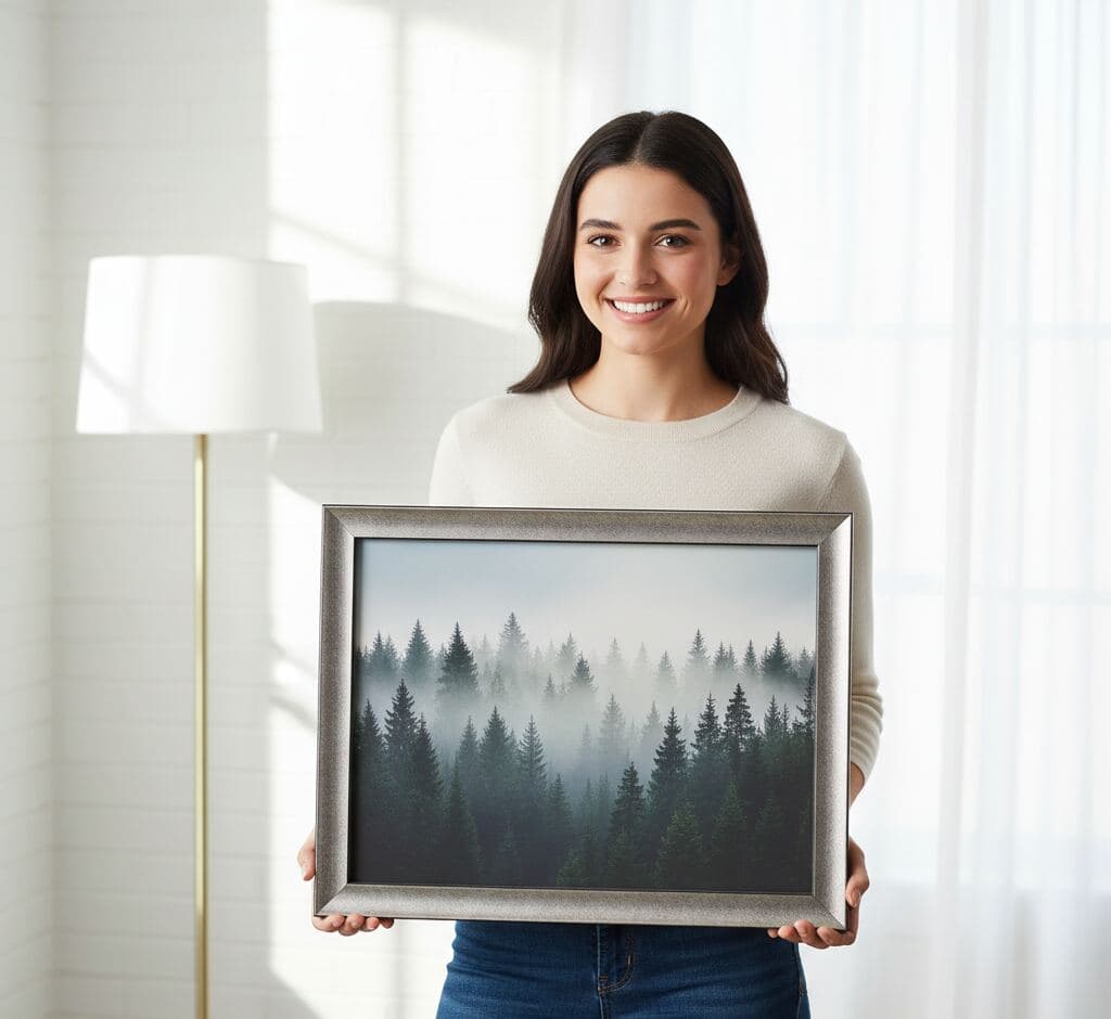 Young woman holding custom framed misty evergreen forest photography in Brushed Silver Frame with 1.25 inch metallic moulding - demonstrating professional picture framing for nature photography, landscape prints, and custom-sized silver frame orders