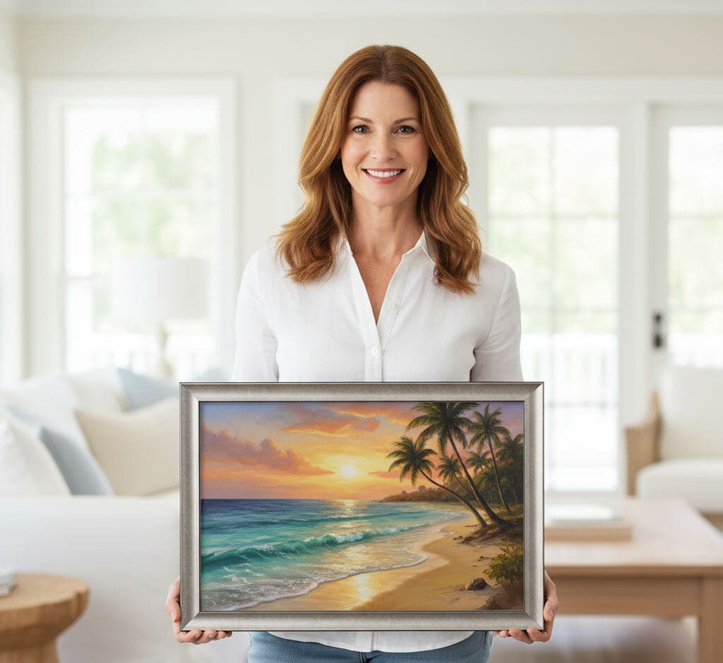 Professional woman presenting tropical beach paradise oil painting with palm tree sunset in Brushed Silver Frame - showcasing custom picture framing services for original artwork, landscape paintings, and wide format silver frame applications