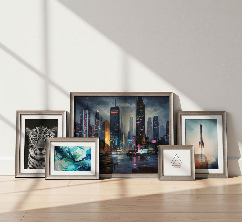 Collection of five Brushed Silver Frame in various sizes displayed on hardwood floor featuring jaguar photography, abstract fluid art, urban nightscape, geometric minimalism, and rocket launch - illustrating metallic silver picture frame versatility for diverse art collections and modern gallery presentations