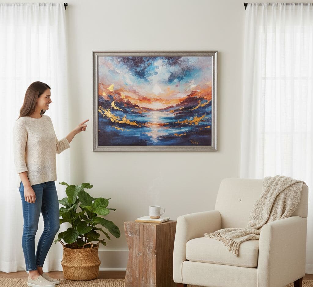Abstract seascape painting with dramatic sunset clouds and golden accents in large horizontal Brushed Silver Frame on cream wall - demonstrating wide metallic silver picture frames for contemporary abstract art, coastal paintings, and statement wall artwork in modern interiors