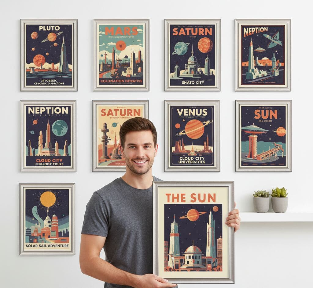 Retro space travel poster collection featuring planets Pluto, Mars, Saturn, Neptune, Venus, and Sun in matching Brushed Silver Frame arranged in symmetrical grid - showcasing metallic silver picture frame sets for vintage poster series, themed collections, and coordinated multi-frame wall displays