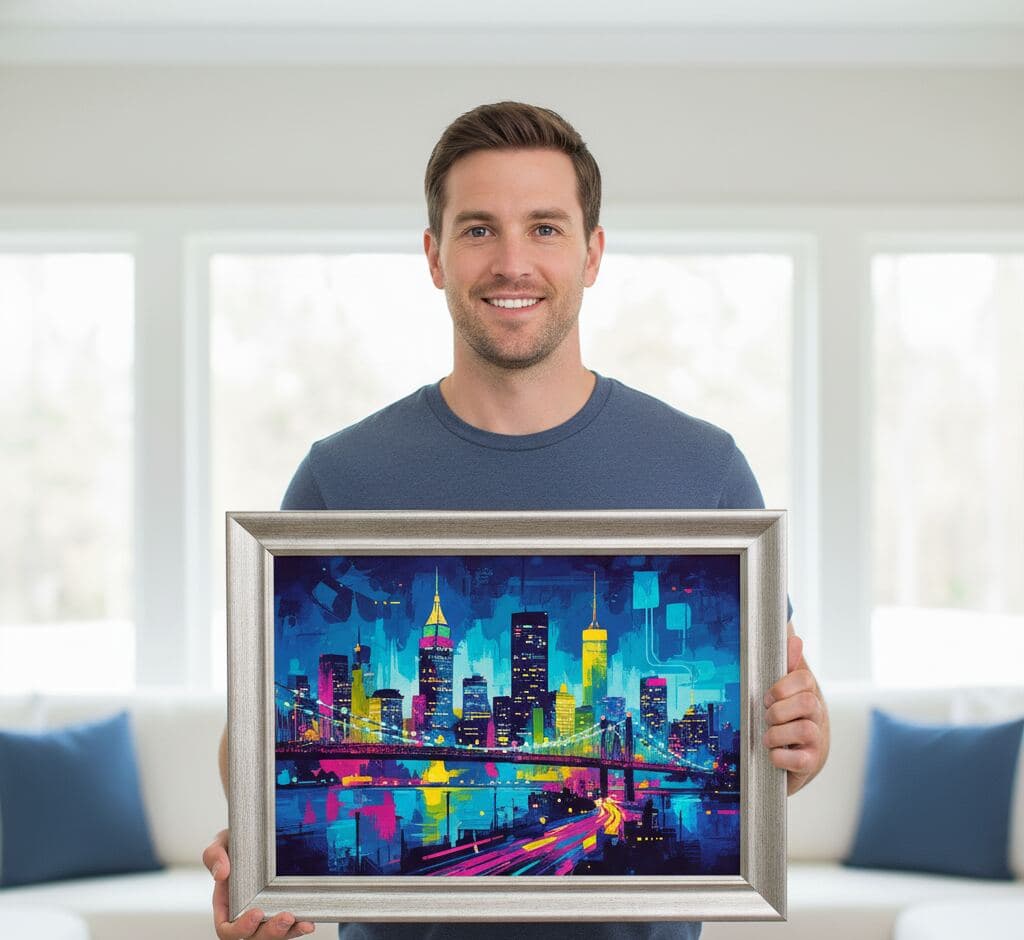 Artist creating gallery wall installation with gold picture frames featuring colorful European street scenes and coastal landscapes in modern living room - illustrating custom picture framing for travel photography, impressionist prints, and coordinated multi-frame wall arrangements with metallic gold finishes