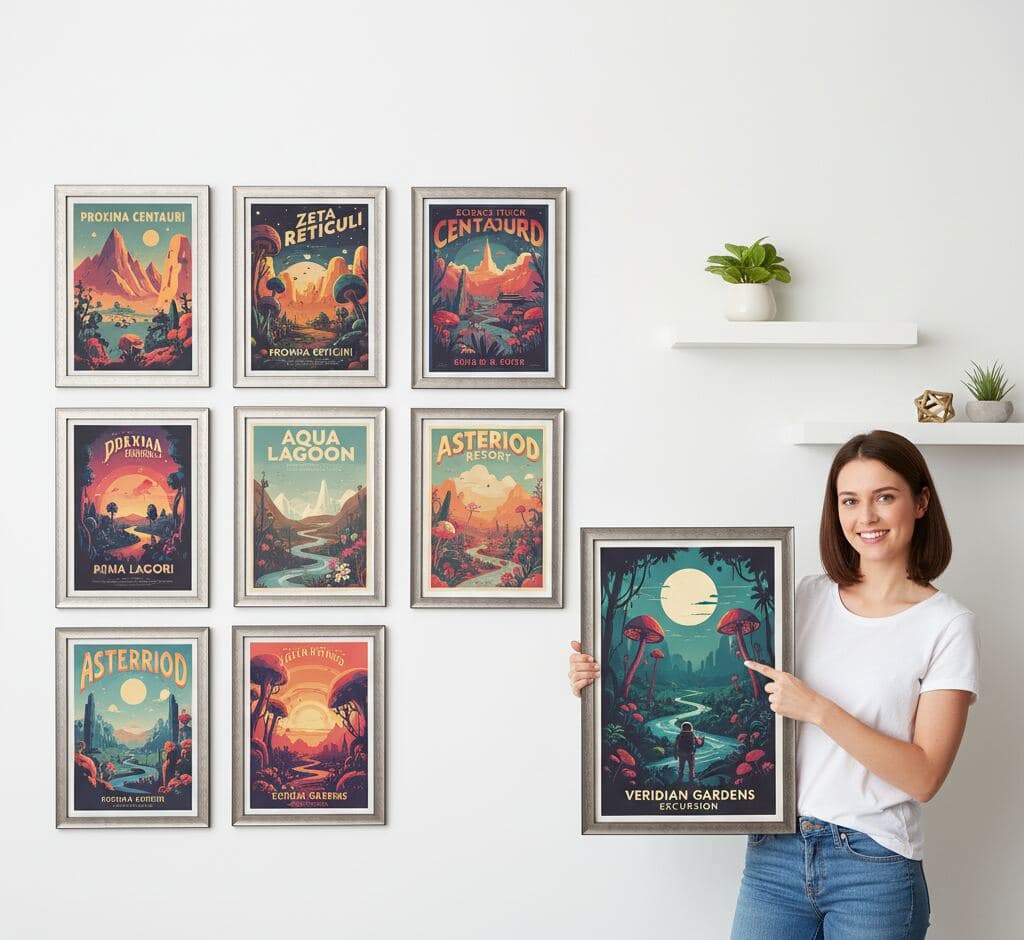 Contemporary art collection in metallic gold picture frames featuring dramatic cityscape, wildlife leopard portrait, rocket ship illustration, and abstract wave painting with natural window light - showcasing versatile gold picture frames for eclectic modern art displays and mixed media gallery presentations