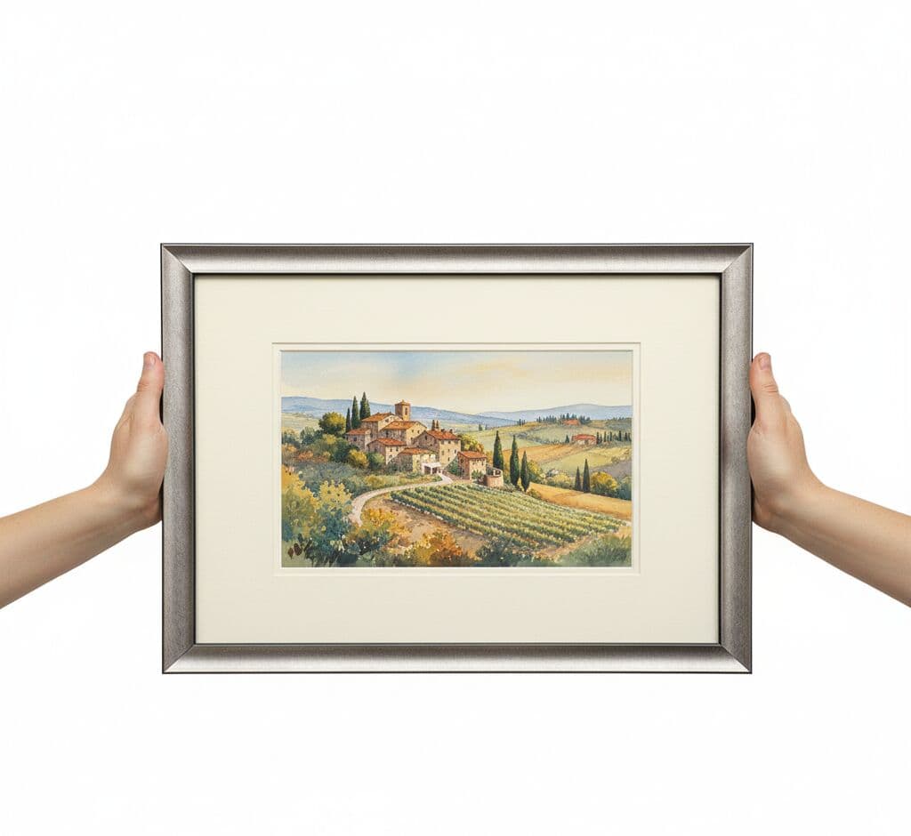 Man presenting contemporary abstract geometric art with bold color blocks in ornate baroque gold picture frame in bright modern interior - illustrating traditional gold picture frames for modern abstract paintings, contemporary artwork, and juxtaposition of classical framing with modern design aesthetics
