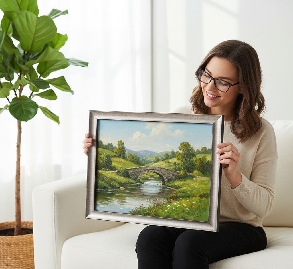 Woman holding lush tropical jungle waterfall painting with monkeys and exotic flowers in elaborate baroque gold picture frame - showcasing ornate gold picture frames for nature artwork, botanical illustrations, rainforest paintings, and vibrant wildlife art requiring decorative classical framing