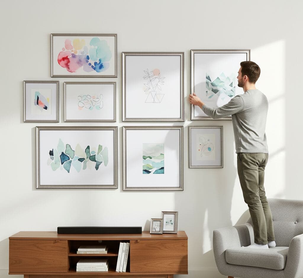 Woman admiring classical still life painting of colorful flowers in ornate baroque gold picture frame while seated in contemporary interior - illustrating traditional gold picture frames for botanical art, floral paintings, and timeless artwork requiring elaborate decorative moulding with scrollwork details