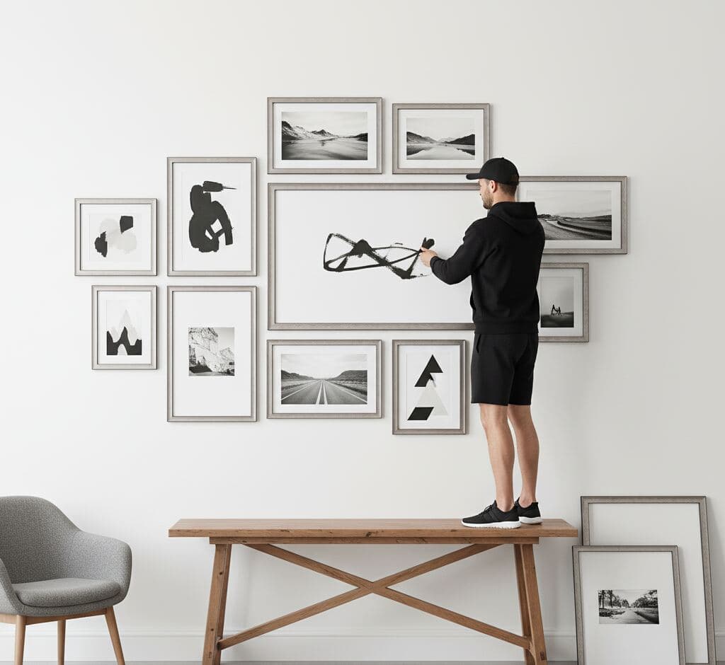 Woman presenting vibrant tropical waterfall landscape with palm trees and exotic flowers in ornate baroque gold picture frame in bright modern living room - showcasing elaborate gold picture frames for nature photography, tropical paintings, and large format botanical artwork in contemporary residential settings
