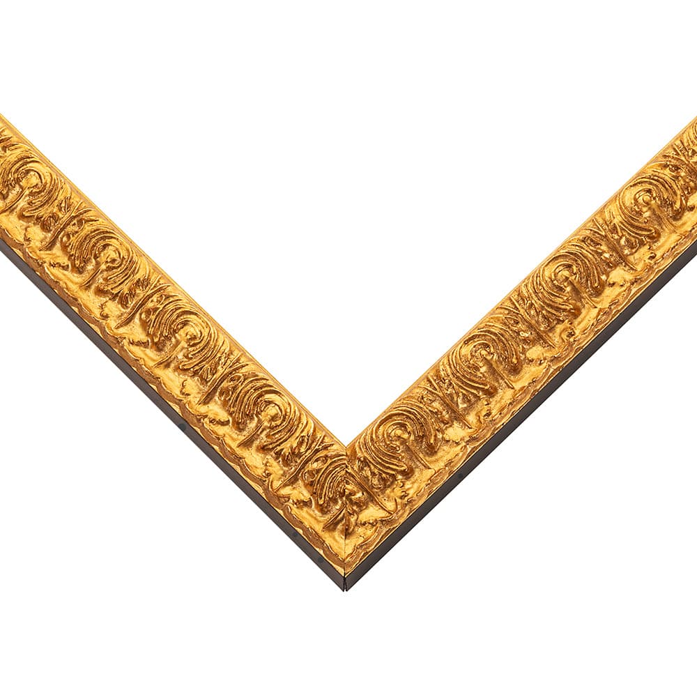Baroque Gold Frame corner detail showing ornate baroque scrollwork pattern with rich gold finish in traditional 1 inch profile