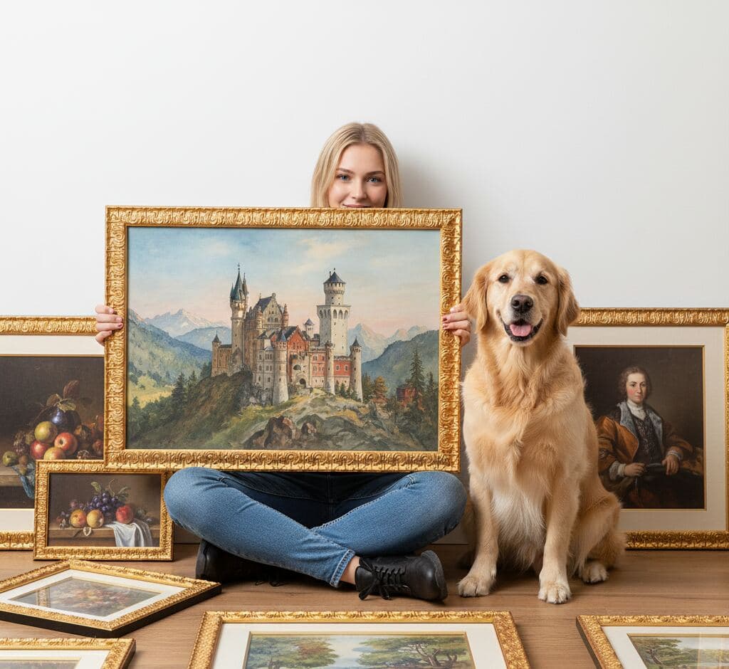 Woman and golden retriever surrounded by collection of Baroque Gold Frame baroque picture frames featuring Neuschwanstein castle painting, classical still life artwork, and traditional portraits on hardwood floor - demonstrating ornate 1 inch gold picture frames for fine art collections, oil paintings, and family heirloom framing with elaborate scrollwork moulding