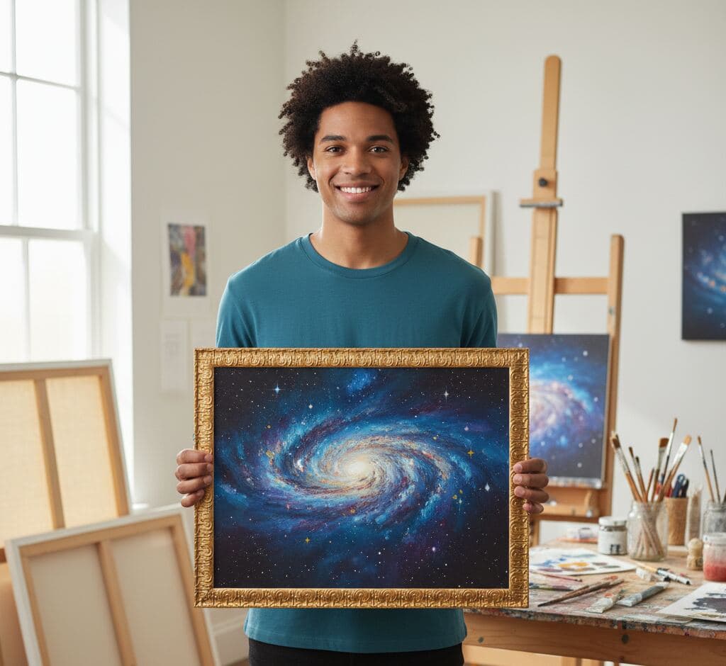 Artist displaying spiral galaxy space photography with stunning cosmic detail in Baroque Gold Frame ornate baroque picture frame in natural light art studio - demonstrating traditional decorative gold picture frames for astrophotography, celestial artwork, and scientific imagery requiring classical ornate framing for contrast with modern subjects