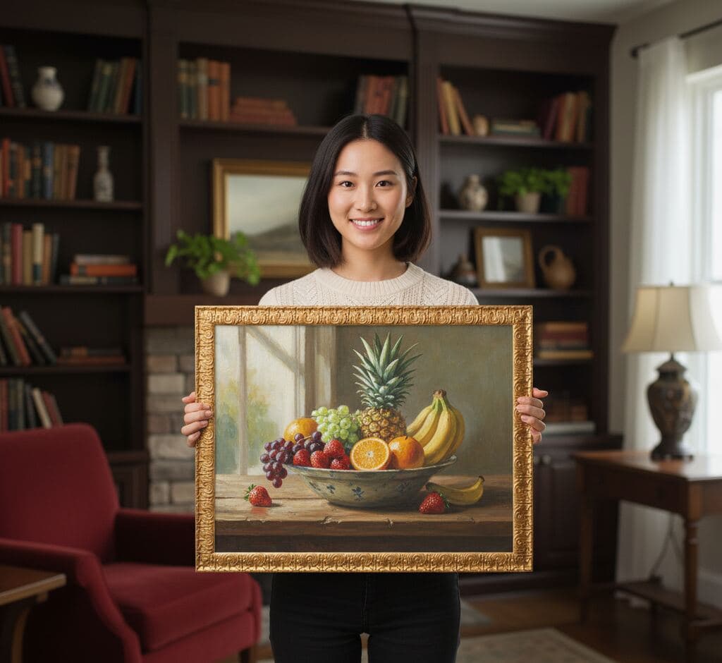 Professional woman holding classical fruit still life painting featuring pineapple and grapes in Baroque Gold Frame ornate baroque picture frame in elegant home library - illustrating traditional decorative gold picture frames for still life artwork, classical paintings, and formal dining room art requiring elaborate 1 inch carved moulding with baroque scrollwork details