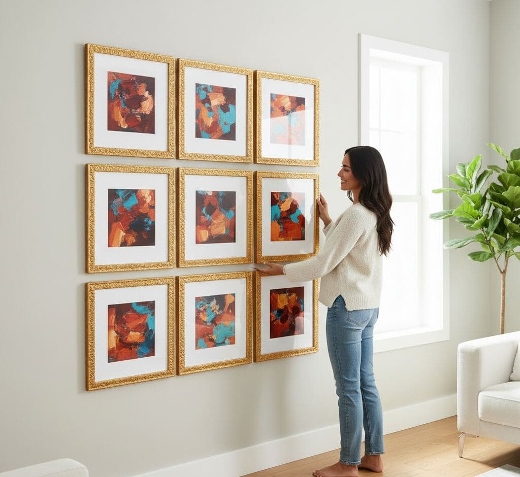 Gallery wall grid installation featuring nine Baroque Gold Frame ornate baroque picture frames with abstract copper and turquoise art pieces arranged in symmetrical 3x3 pattern - showcasing decorative gold picture frame sets for coordinated contemporary abstract art displays and uniform multi-frame wall arrangements with classical scrollwork moulding