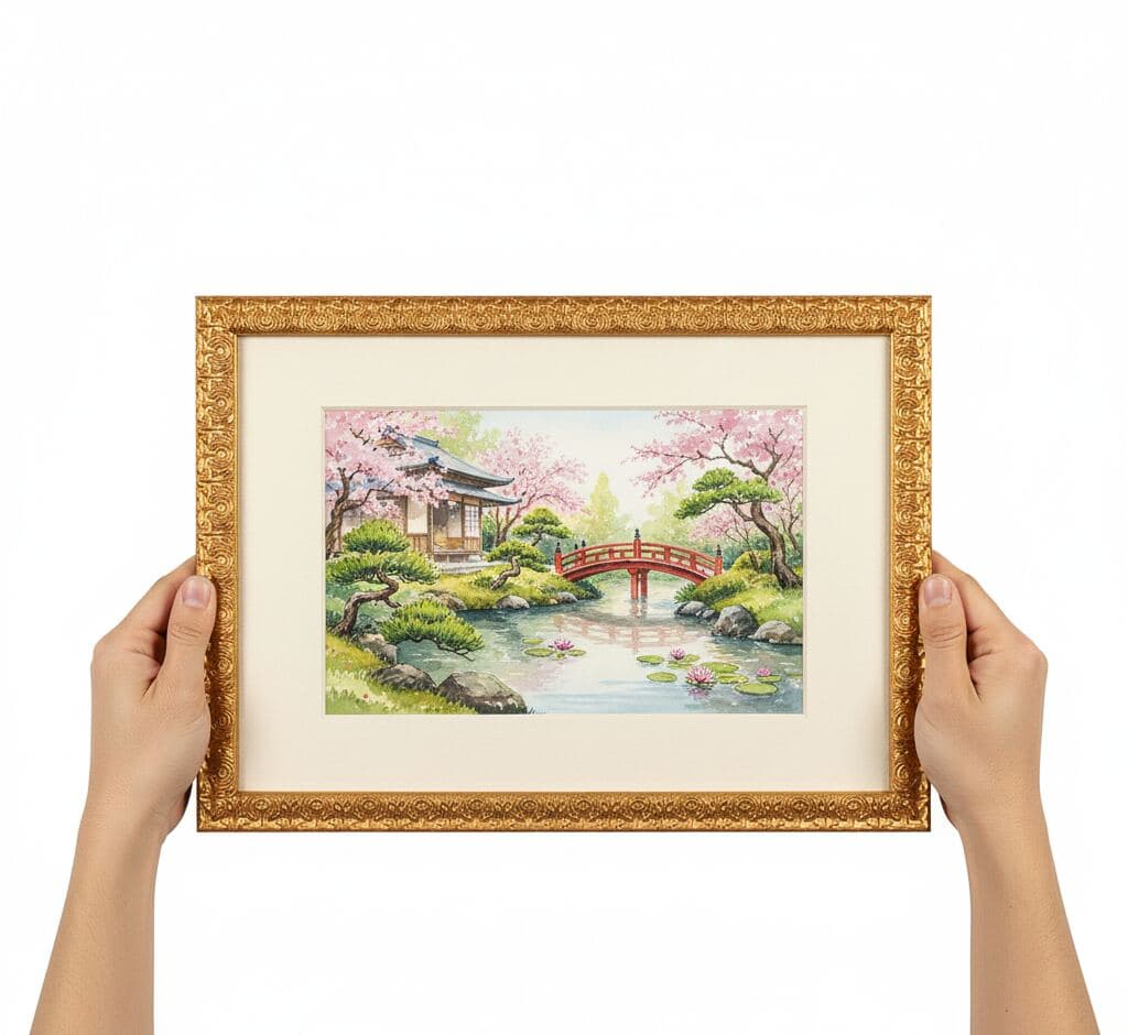 Hands holding Japanese garden watercolor with cherry blossoms, koi pond, and red bridge in Baroque Gold Frame ornate baroque picture frame with white mat - illustrating traditional decorative gold picture frames for Asian art, botanical watercolors, and matted artwork requiring elaborate 1 inch scrollwork moulding with classical baroque detailing