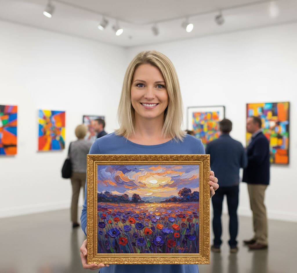 Woman displaying impressionist wildflower field painting with vibrant poppies and sunset clouds in Baroque Gold Frame ornate baroque picture frame at contemporary art gallery opening - showcasing traditional decorative gold picture frames for impressionist artwork, botanical landscape paintings, and gallery exhibition framing with elaborate 1 inch scrollwork moulding detail