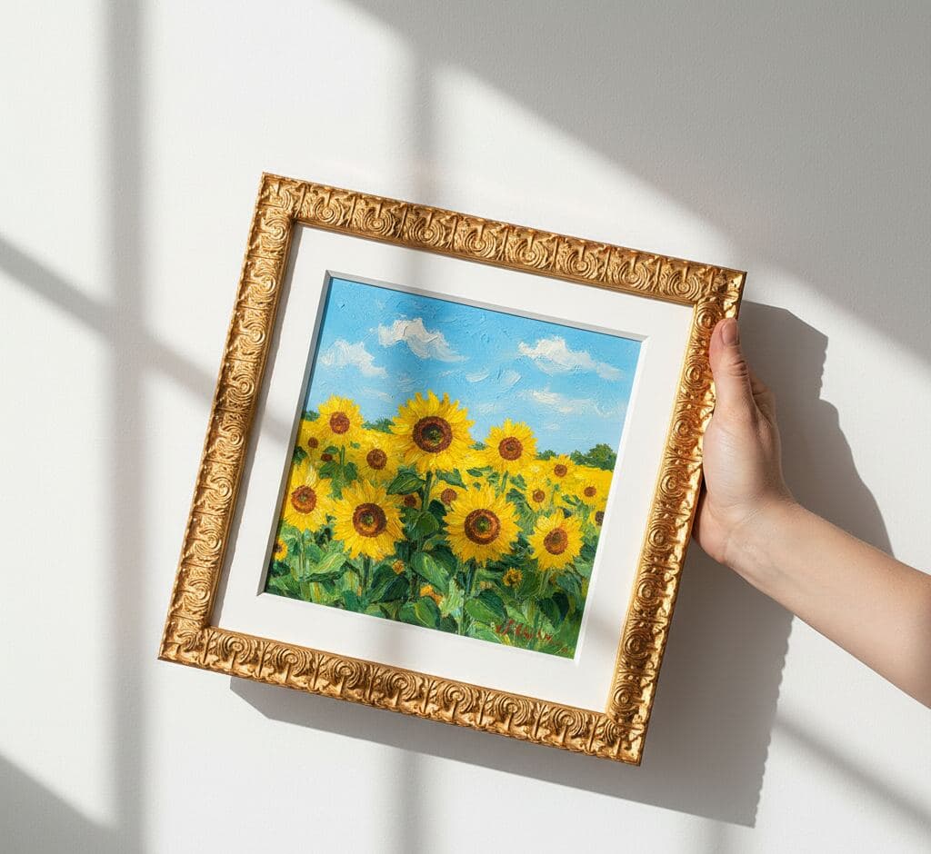 Hand holding sunflower field oil painting with white mat in Baroque Gold Frame ornate baroque picture frame with dramatic natural window light - illustrating traditional decorative gold picture frames for botanical artwork, floral landscape paintings, and matted canvas art requiring classical 1 inch scrollwork moulding with baroque detailing