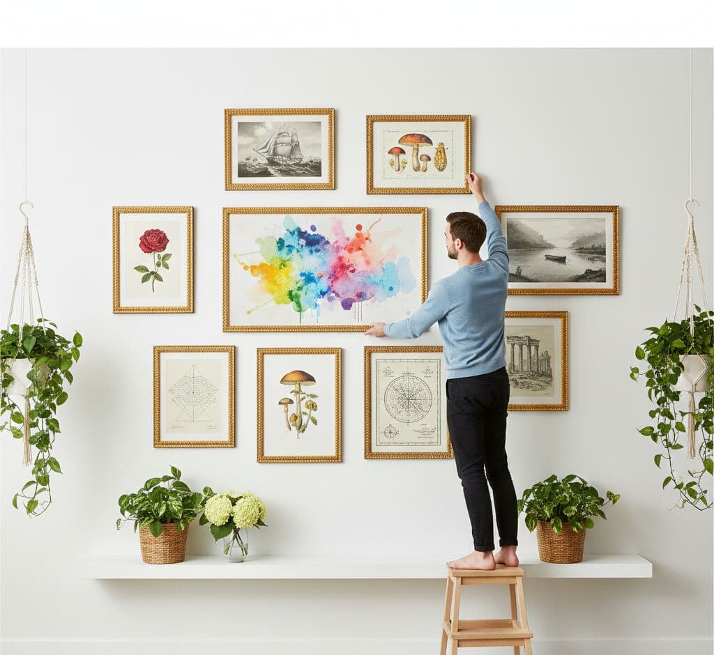 Man on step stool curating eclectic gallery wall with Baroque Gold Frame ornate baroque picture frames featuring watercolor world map, vintage botanical mushroom illustrations, nautical ship engraving, misty landscape photographs, and red rose botanical print - demonstrating decorative gold picture frame versatility for mixed media collections and natural history illustrations with classical scrollwork moulding