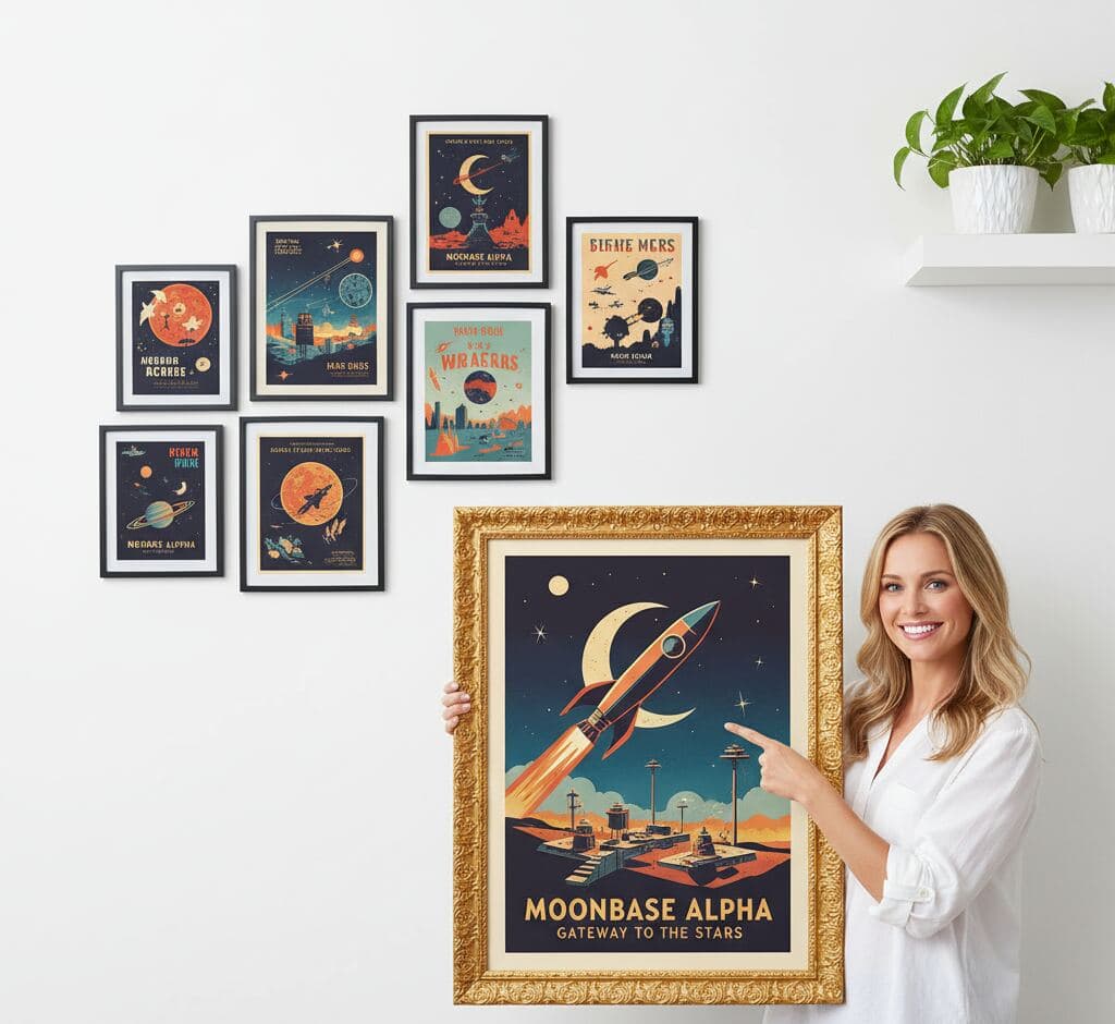 Woman presenting vintage retro space travel poster for Moonbase Alpha in large Baroque Gold Frame ornate baroque picture frame alongside coordinating collection of planetary travel prints in modern frames - showcasing traditional decorative gold picture frames for mid-century modern posters, vintage advertising art, and retro science fiction illustration with elaborate 1 inch baroque scrollwork detail