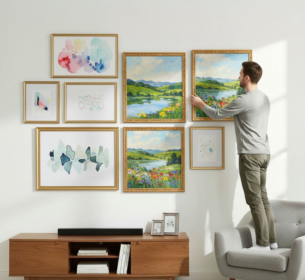 Man arranging mixed gallery wall combining Baroque Gold Frame ornate baroque picture frames with simple gold frames featuring pastoral landscape paintings with wildflowers, abstract watercolor compositions, and minimalist line drawings - illustrating decorative gold picture frame applications for eclectic art collections mixing ornate and contemporary framing styles in residential interiors