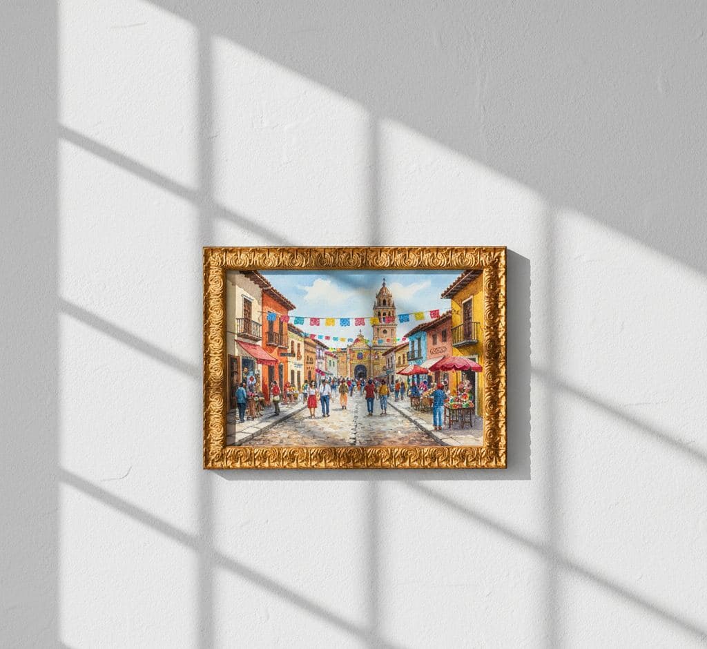 Colorful Latin American colonial street scene painting with festive banners and church tower in Baroque Gold Frame ornate baroque picture frame with dramatic window light and shadows - showcasing traditional decorative gold picture frames for travel artwork, cultural paintings, architectural scenes, and vibrant international art requiring elaborate 1 inch scrollwork moulding with classical baroque detailing