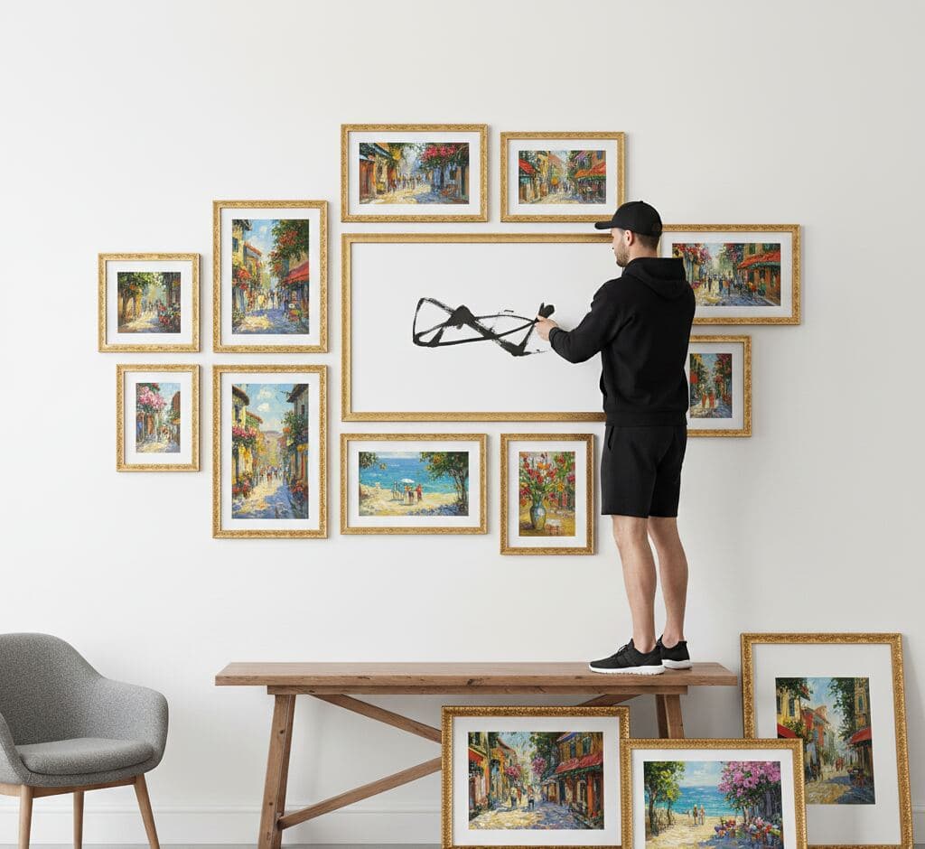 Artist creating gallery wall installation with Baroque Gold Frame baroque picture frames featuring colorful European street scenes and coastal Mediterranean landscapes in modern living room - illustrating custom ornate gold picture framing for travel photography, impressionist prints, and coordinated multi-frame wall arrangements with classical scrollwork detail
