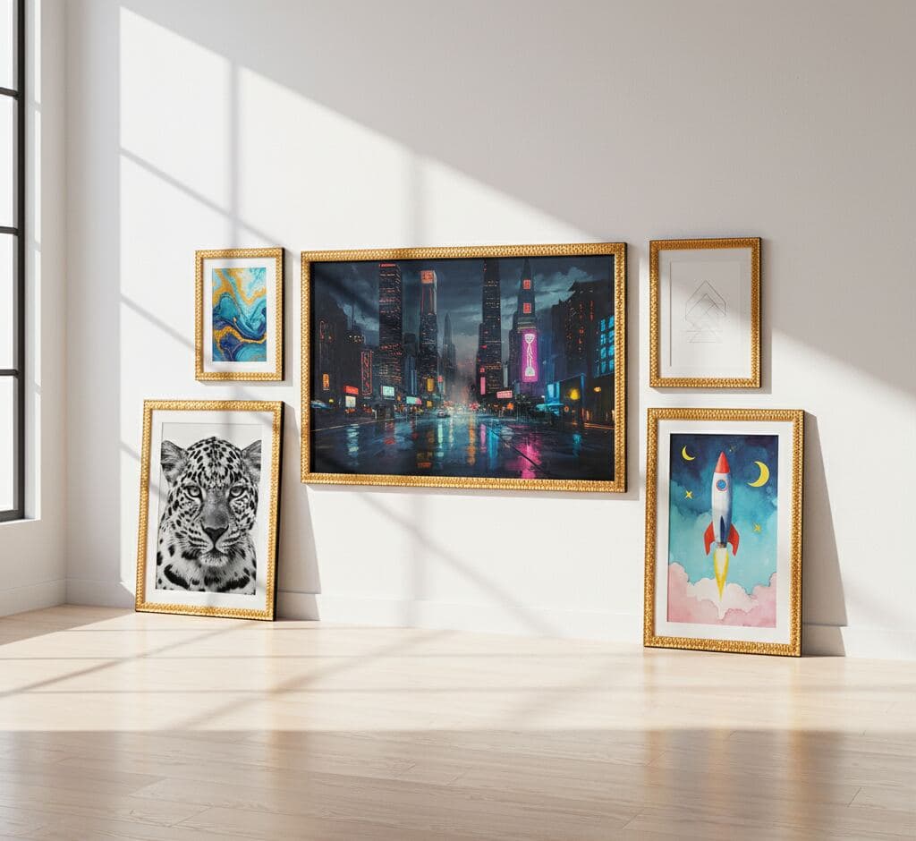 Contemporary art collection in Baroque Gold Frame baroque picture frames featuring dramatic cityscape, wildlife leopard portrait, rocket ship illustration, and abstract wave painting with natural window light - showcasing versatile ornate gold picture frames for eclectic modern art displays and mixed media gallery presentations with traditional baroque moulding
