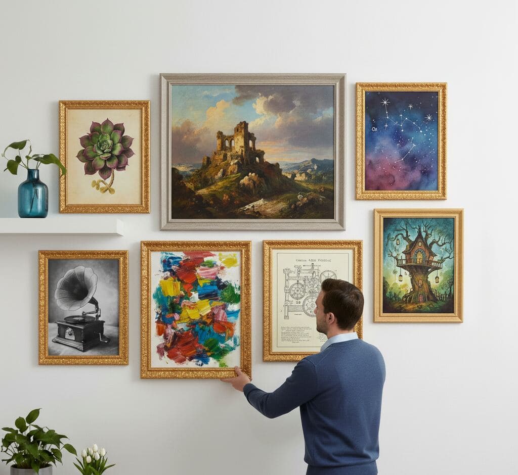 Eclectic gallery wall arrangement with Baroque Gold Frame baroque picture frames displaying Victorian botanical prints, vintage phonograph photography, abstract expressionist painting, castle ruins landscape, constellation map, and treehouse illustration - demonstrating ornate gold picture frame versatility for curated salon-style wall displays with elaborate 1 inch scrollwork moulding