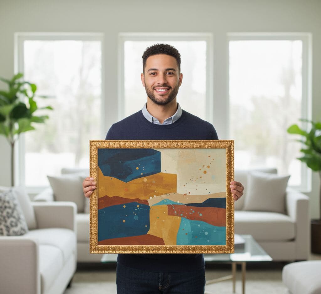 Man presenting contemporary abstract geometric art with bold color blocks in Baroque Gold Frame ornate baroque picture frame in bright modern interior - illustrating traditional decorative gold picture frames for modern abstract paintings and juxtaposition of classical ornate framing with contemporary design aesthetics