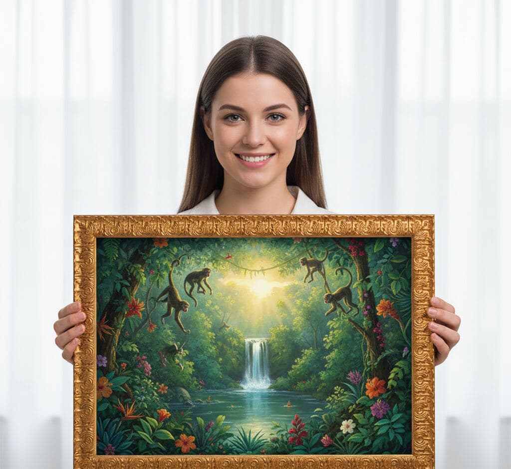 Woman holding lush tropical jungle waterfall painting with monkeys and exotic flowers in Baroque Gold Frame elaborate baroque picture frame - showcasing ornate 1 inch gold picture frames for nature artwork, botanical illustrations, rainforest paintings, and vibrant wildlife art requiring decorative classical scrollwork framing