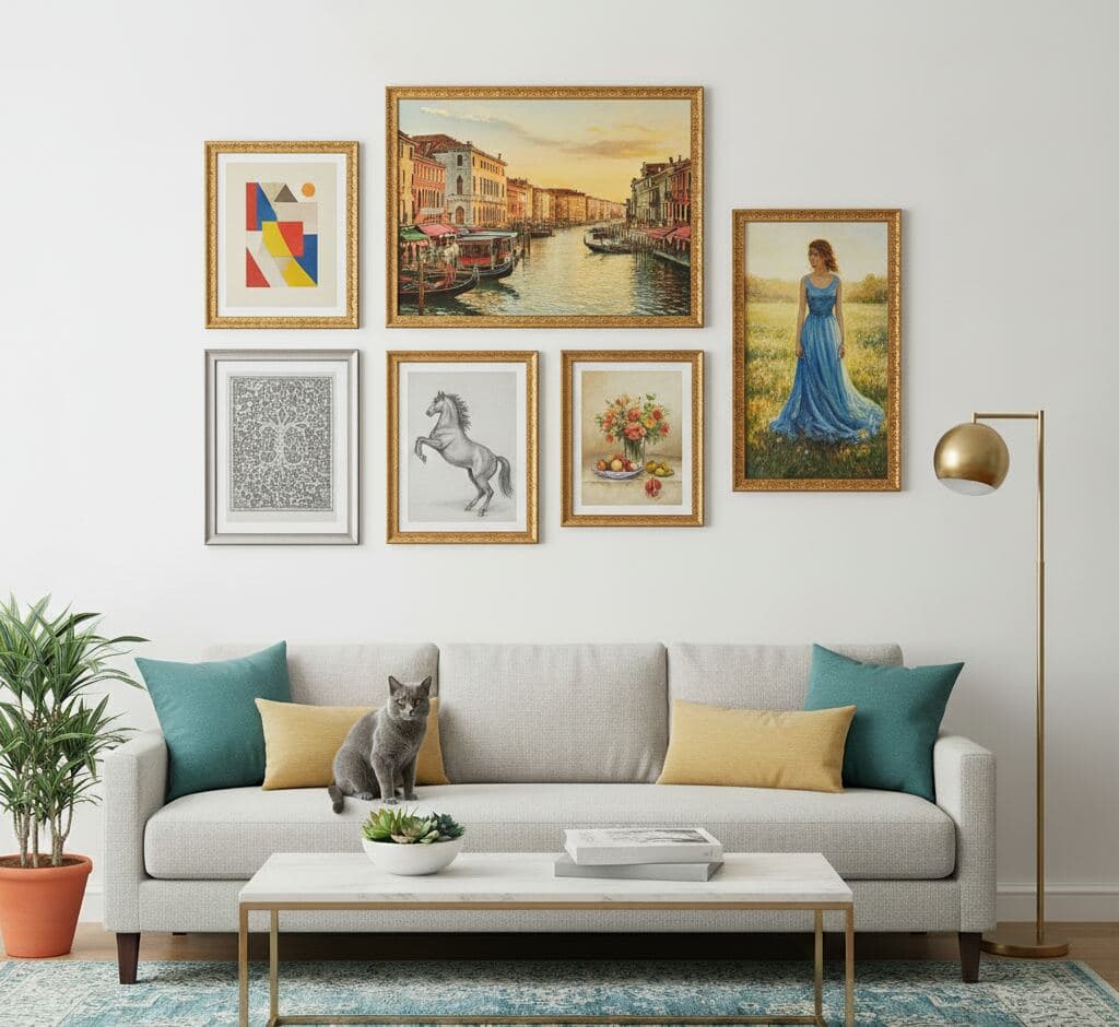 Sophisticated living room gallery wall featuring Venetian Grand Canal sunset painting, geometric modern art, horse sketch, floral still life, and figure in landscape arranged with Baroque Gold Frame ornate baroque picture frames above neutral sofa - demonstrating traditional decorative gold picture frame applications for mixed classical and contemporary art in luxury residential interiors