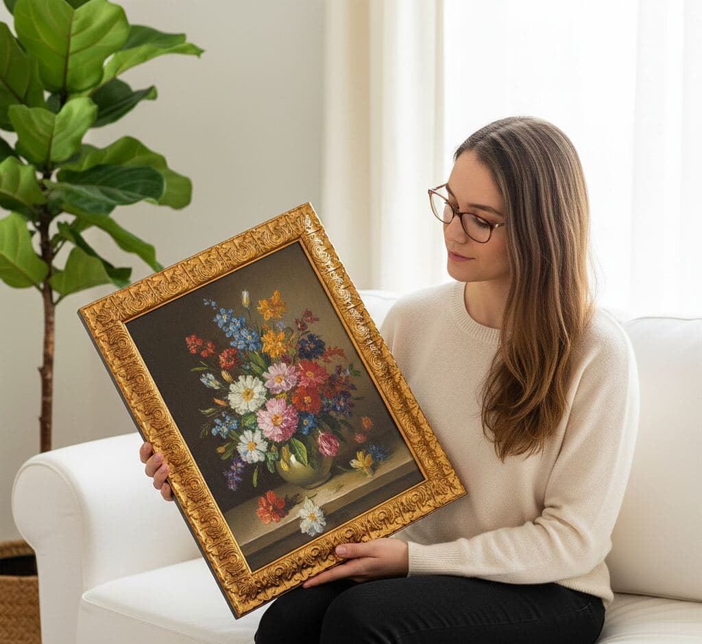 Woman admiring classical still life painting of colorful flowers in Baroque Gold Frame ornate baroque picture frame while seated in contemporary interior - illustrating traditional decorative gold picture frames for botanical art, floral paintings, and timeless artwork requiring elaborate 1 inch moulding with scrollwork details