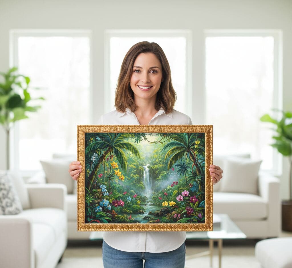 Woman presenting vibrant tropical waterfall landscape with palm trees and exotic flowers in Baroque Gold Frame ornate baroque picture frame in bright modern living room - showcasing elaborate decorative gold picture frames for nature photography, tropical paintings, and large format botanical artwork in contemporary residential settings with classical scrollwork moulding