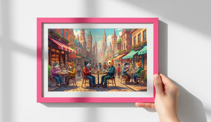 Smiling man in black t-shirt holds vibrant Pink Picture Frame displaying retro pop art comic book style illustration with bold ZAP BANG typography in yellow, red, and blue against dramatic white art gallery wall with colorful modern artwork demonstrating playful 0.75 inch bright pink moulding excellent for pop art, comic book illustrations, and bold contemporary graphic artwork with cheerful energetic styling