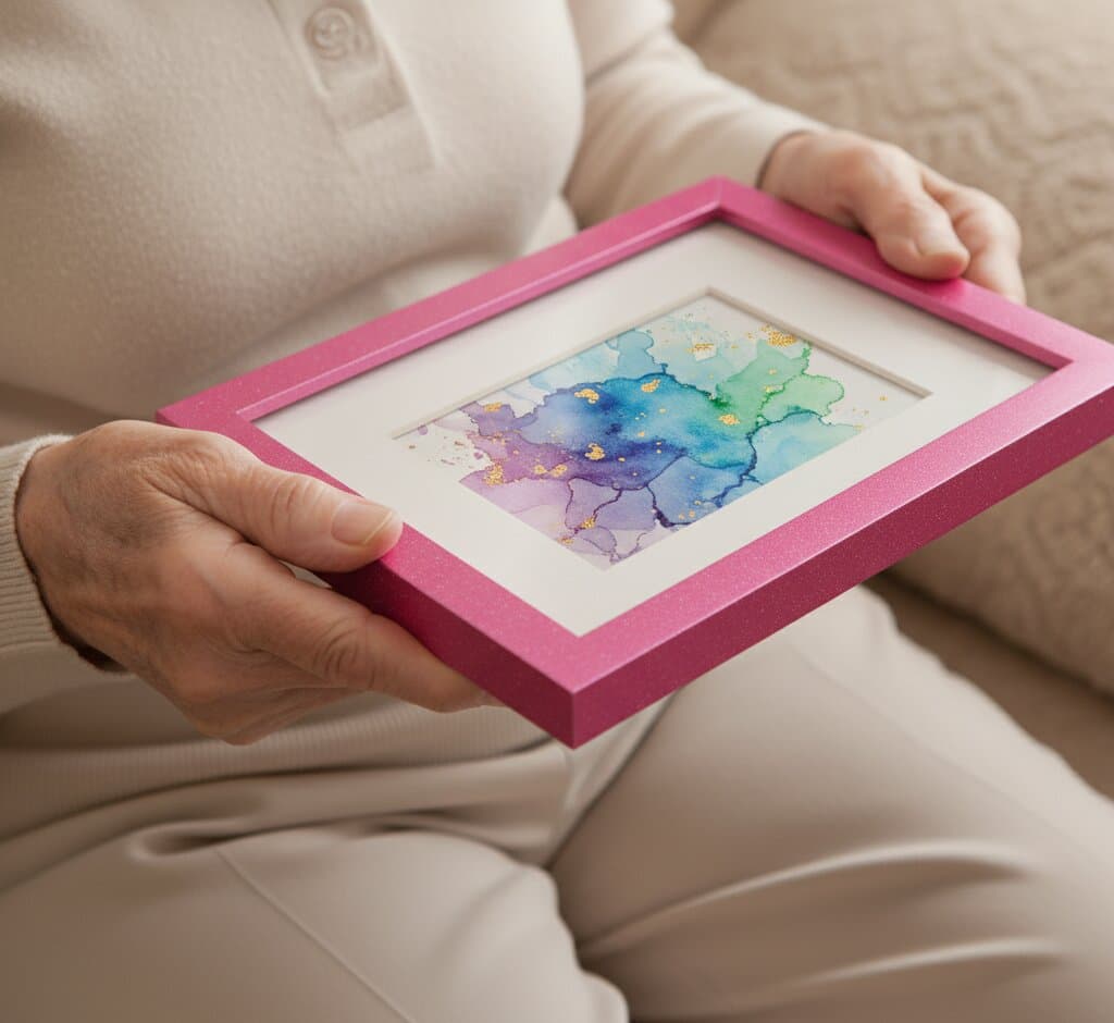 Woman holding Pink Picture frame with cute watercolor fox illustration in cozy modern living room showcasing cheerful pink styling for nature-themed nursery art