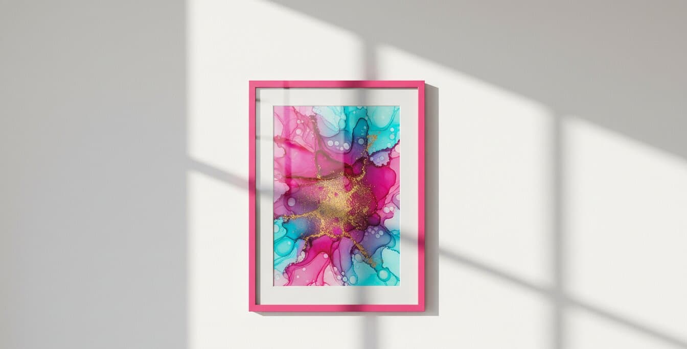 Woman in pink dress admiring colorful floral gallery wall of Pink Picture frames featuring vibrant artwork and black-and-white portraits demonstrating coordinated pink styling