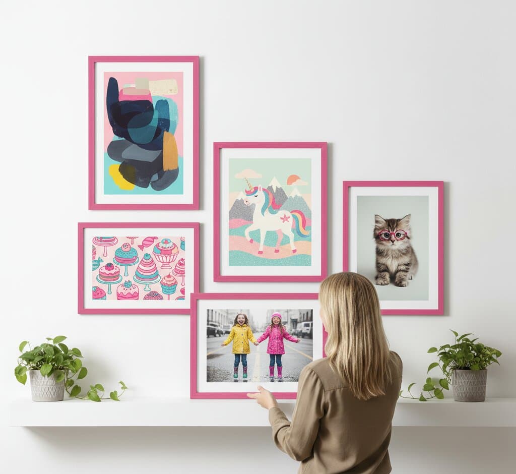 Smiling woman holding large Pink Picture Frame framed print of white crane in flight against minimalist beige wall showcasing elegant presentation for nature photography