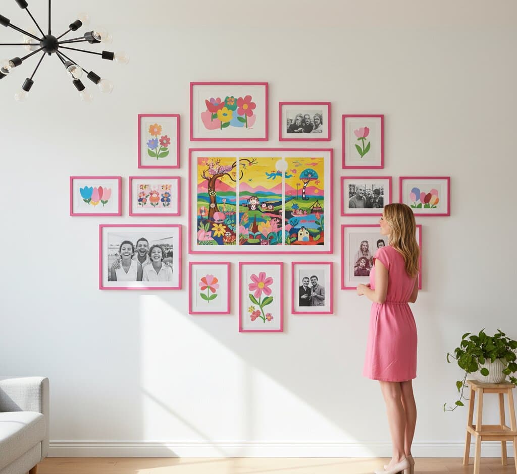 Pink Picture frame displaying family portrait with parents and baby surrounded by plush nursery toys and star-shaped lights showcasing cheerful styling for nursery memories