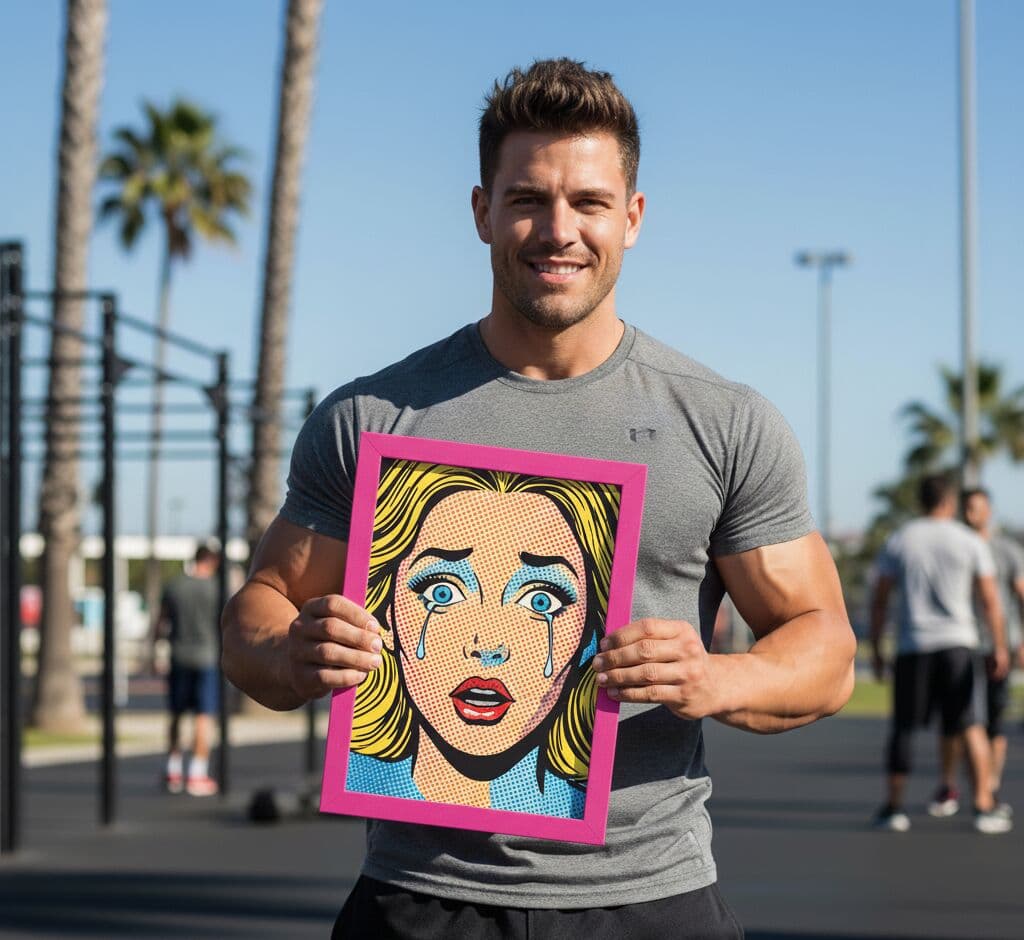 Man outdoors holding Pink Picture frame with pop art portrait against palm trees and beachfront showing vibrant pink finish for bold contemporary artwork