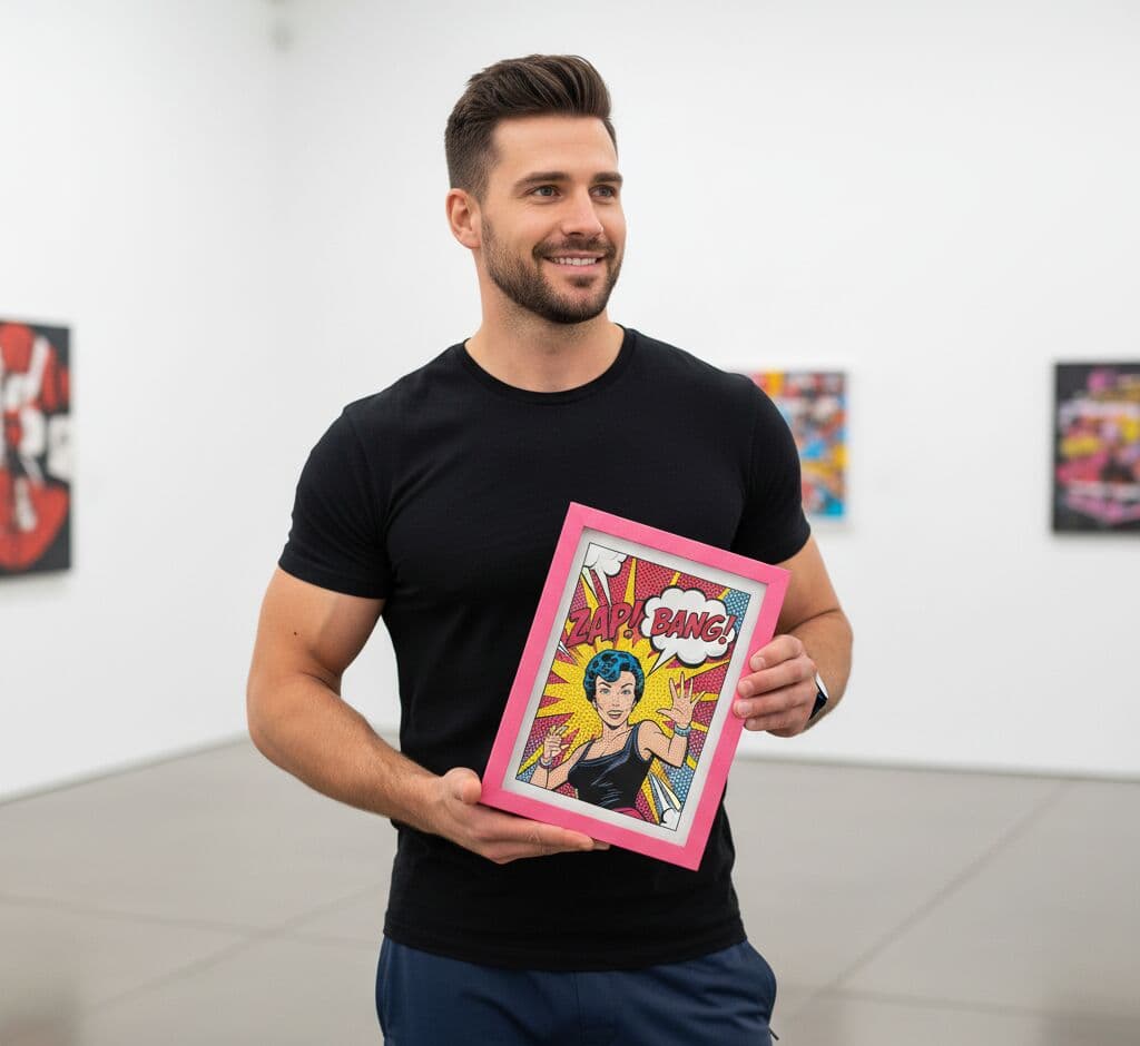 Man in modern gallery holding Pink Picture frame with comic book pop art demonstrating playful pink styling for contemporary art displays
