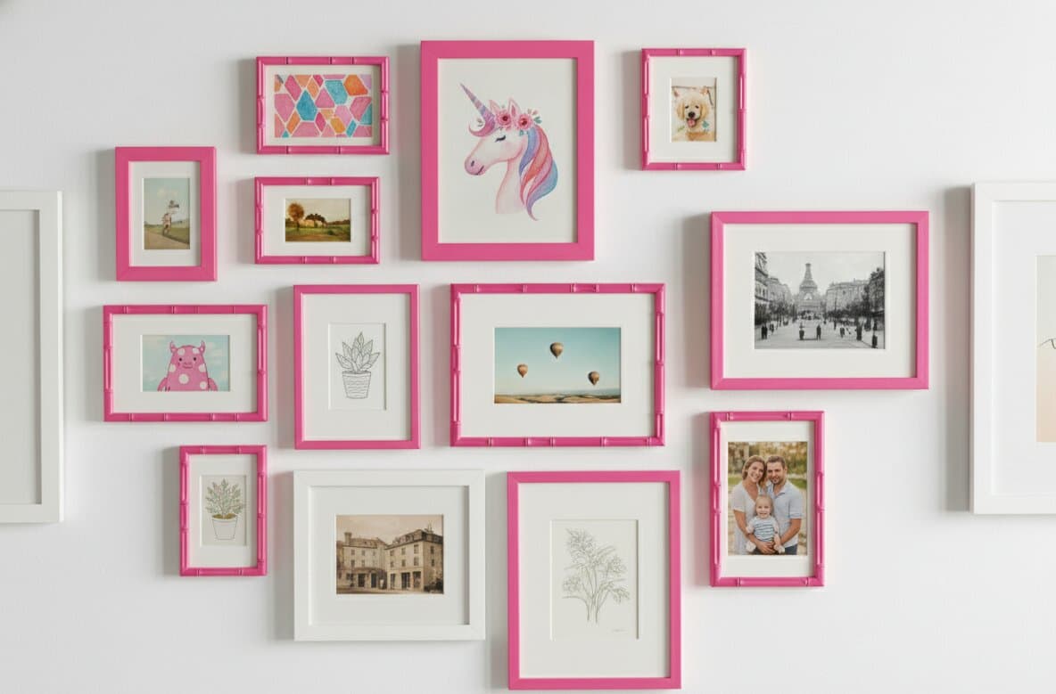 Pink Picture frame featuring smiling family portrait against neutral wall demonstrating bright pink finish ideal for modern home décor and cherished memories