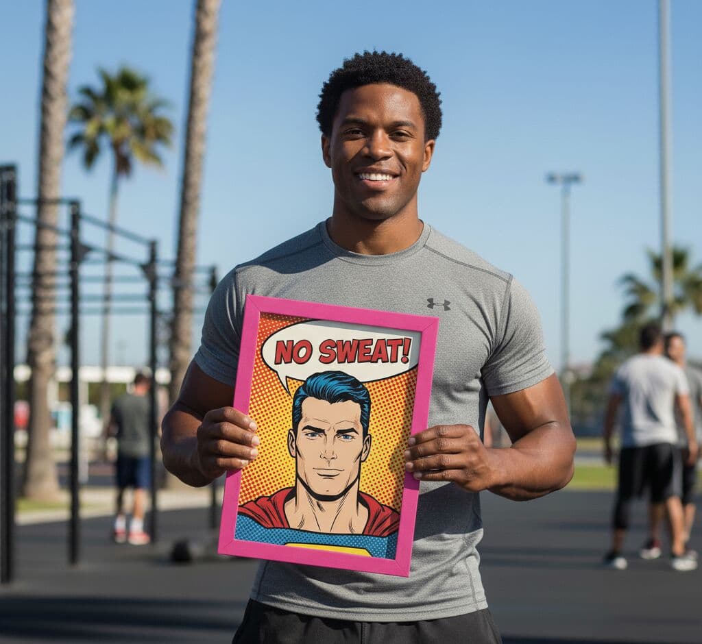 Man outdoors holding Pink Picture frame with vintage motivational pop art against palm trees showcasing vibrant finish for retro-inspired prints