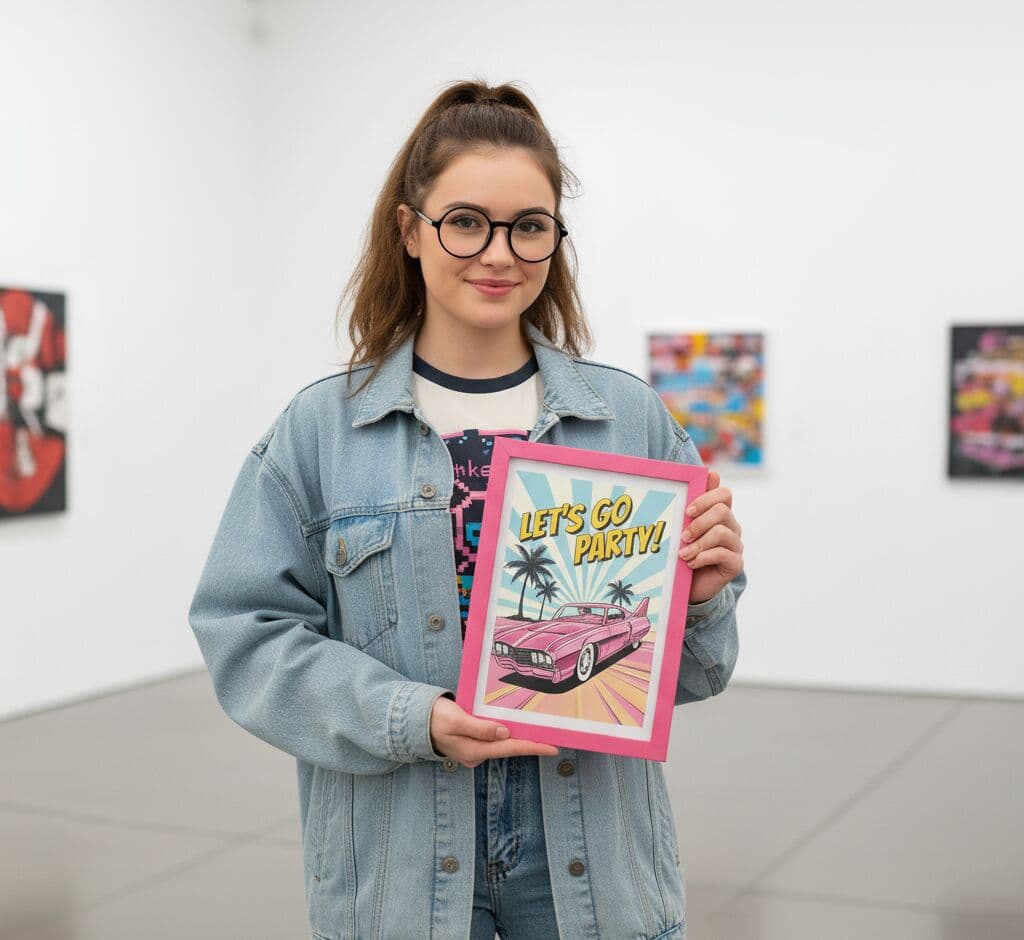 Woman in denim jacket holding Pink Picture frame with vintage car pop art in modern gallery demonstrating cheerful pink styling for nostalgic artwork