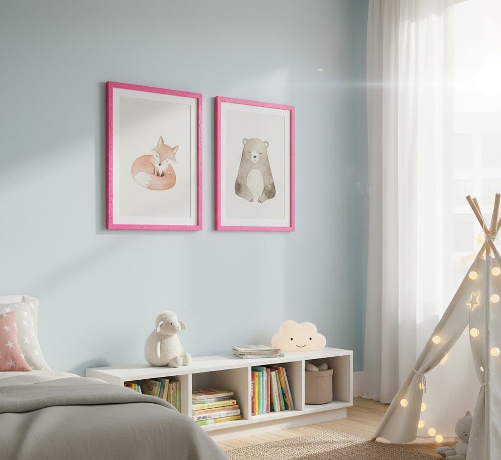 Man seated on floor surrounded by framed art holding vibrant pop-art portrait in bright Pink Picture frame showcasing versatile contemporary styling