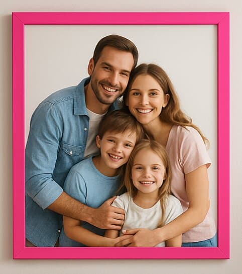 Hands holding small watercolor print in glittery Pink Picture frame against soft neutral background demonstrating elegant presentation for intimate artwork