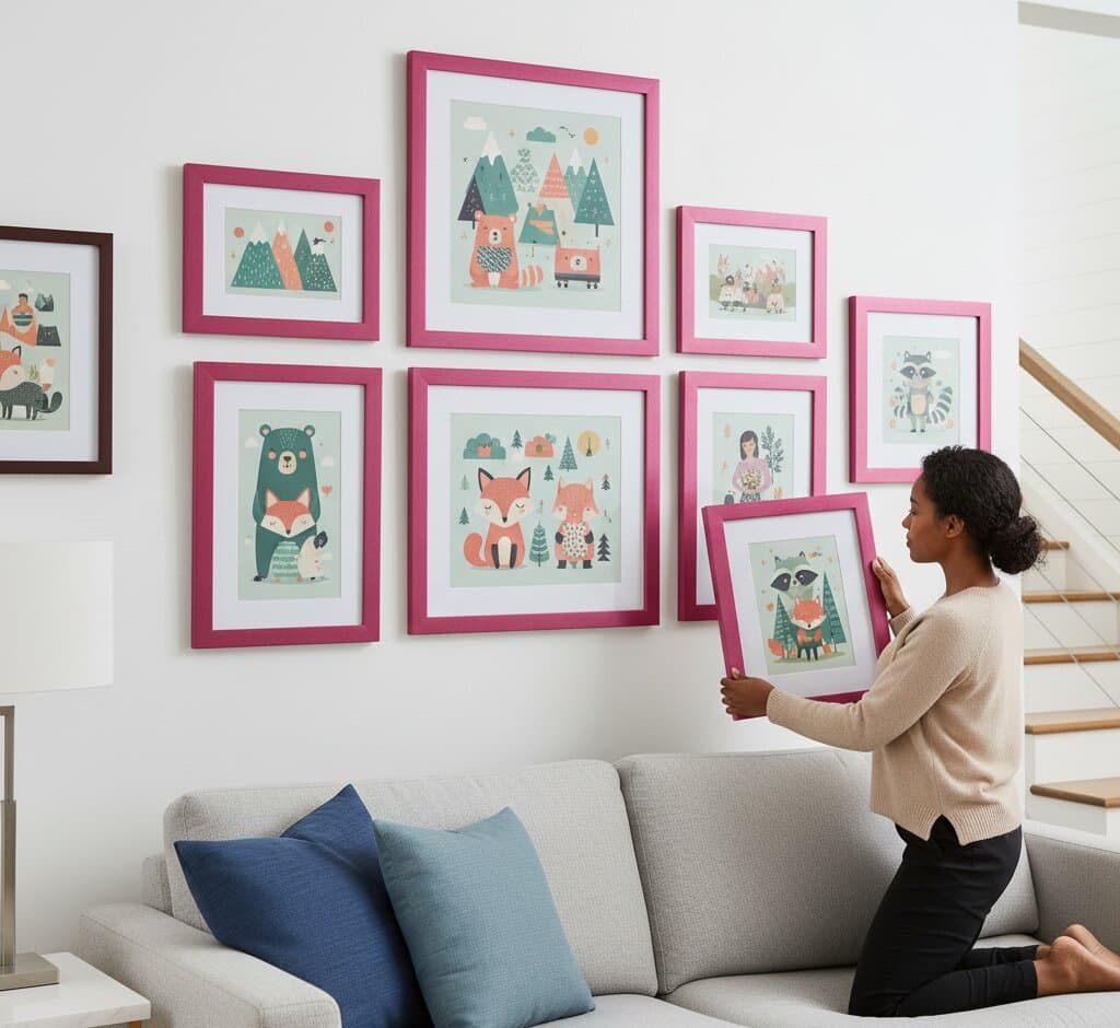 Close-up of person holding Pink Picture frame with illustrated city café scene featuring anthropomorphic animals showcasing whimsical pink styling for playful art