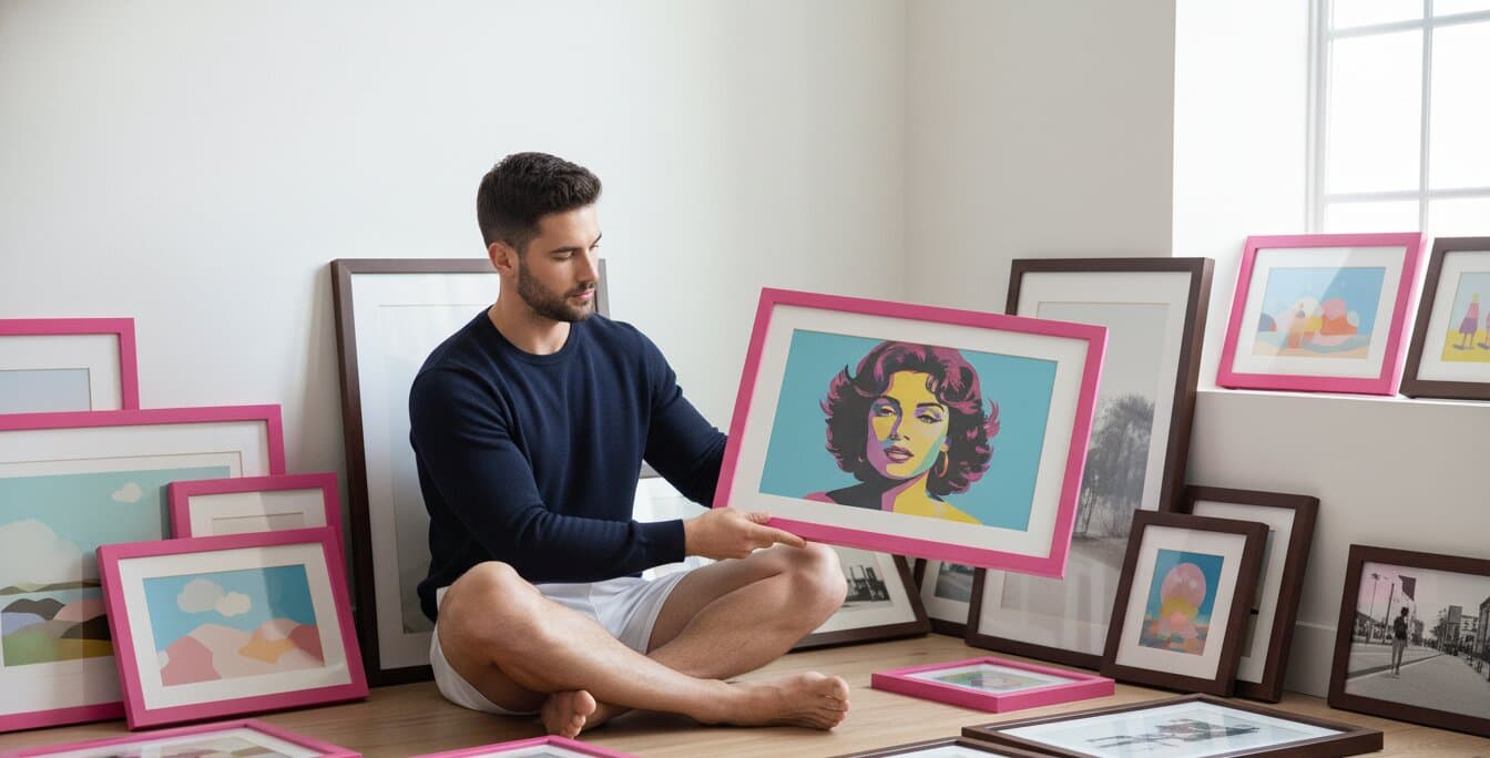 Artist painting in creative studio with bright splashes of paint and abstract artwork framed in Pink Picture Frame on wall demonstrating bold finish for artistic spaces