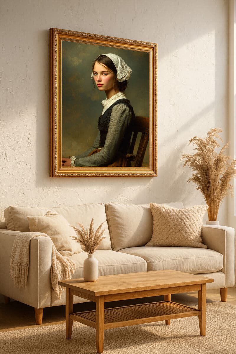 Ornate Gold frame displaying classical portrait in elegant traditional living room with neutral décor showcasing ornate gold finish well suited for fine art and heirloom pieces