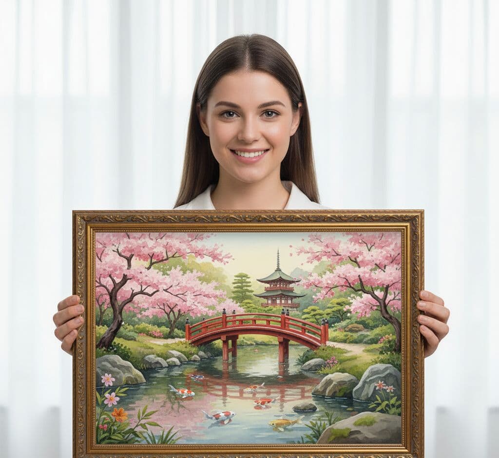 Woman holding large Ornate Gold frame displaying Japanese garden with cherry blossoms koi pond and pagoda demonstrating intricate gold detailing for Asian-inspired landscape artwork