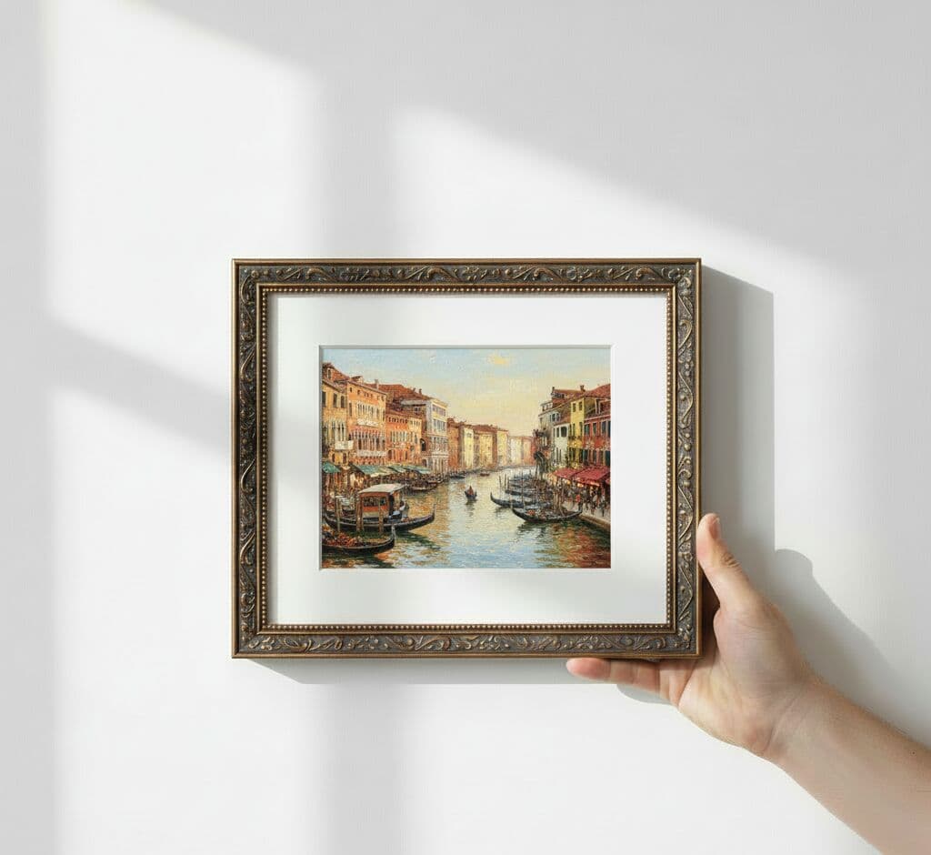 Hand holding Ornate Gold frame featuring Venice canal scene with gondolas and historic buildings showcasing elegant ornamental styling for European travel photography and classical artwork
