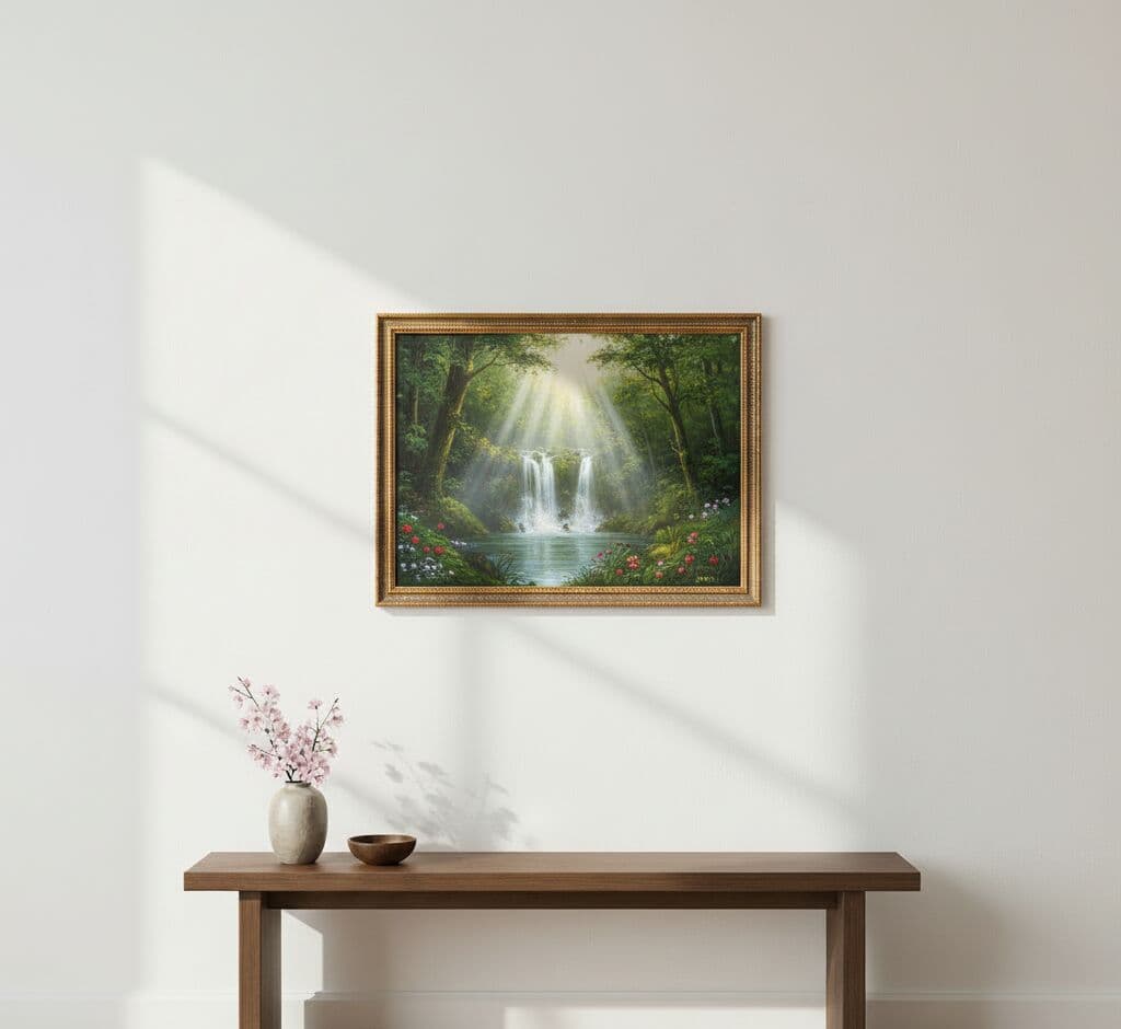 Ornate Gold frame displaying tranquil waterfall landscape above wooden console table with cherry blossoms demonstrating ornate gold finish for nature photography and serene wall art